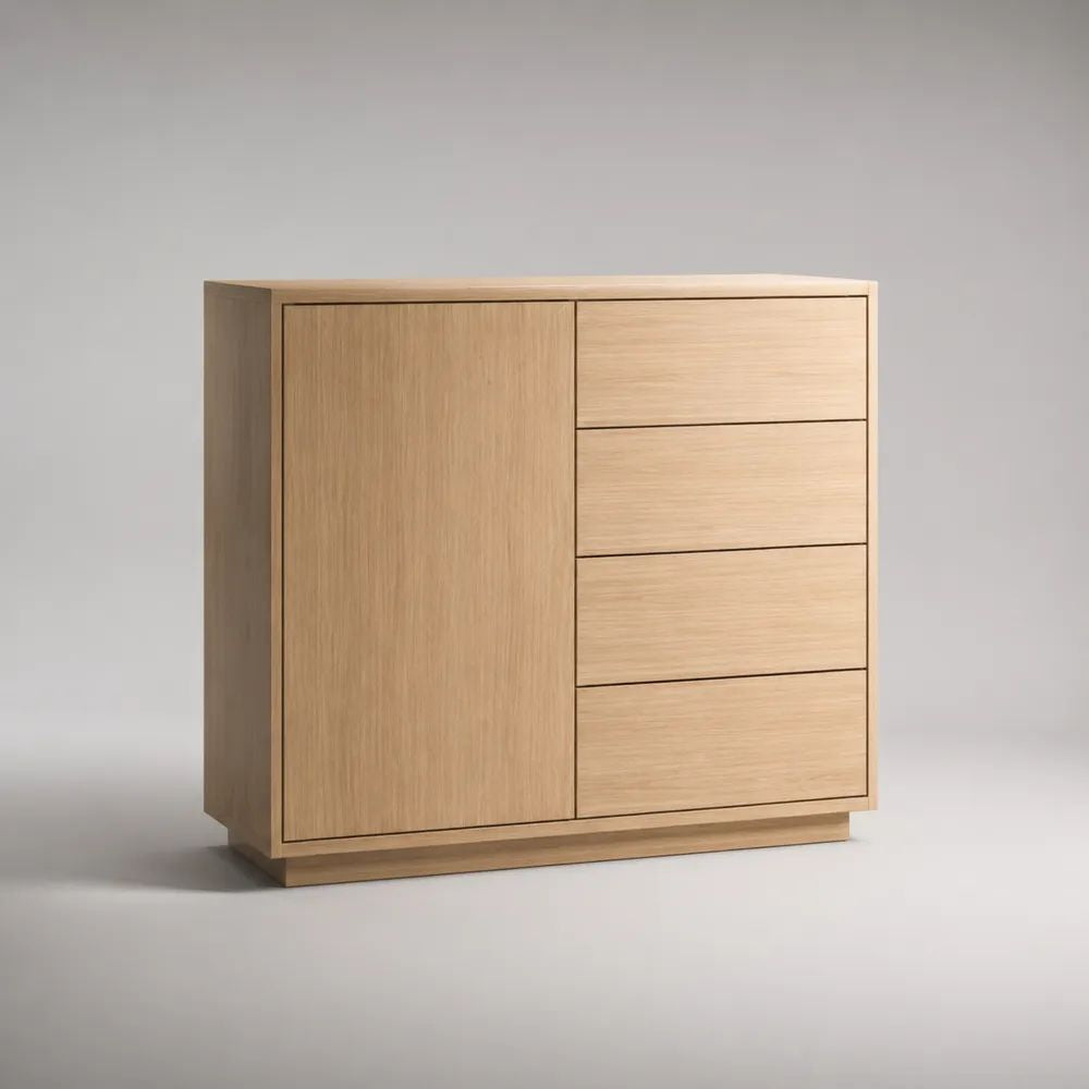Buffet en bois avec 1 porte et 4 tiroirs, chêne naturel, 100 × 40 × 100 cm
