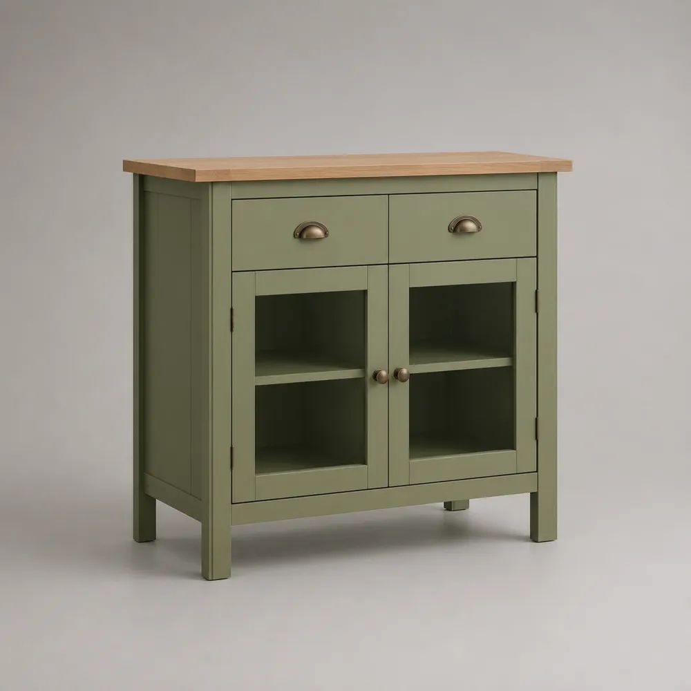 Buffet vaisselier rectangulaire en bois et verre, 2 portes vitrées et 2 tiroirs, vert sauge et effet chêne naturel, 80 × 35 × 80 cm
