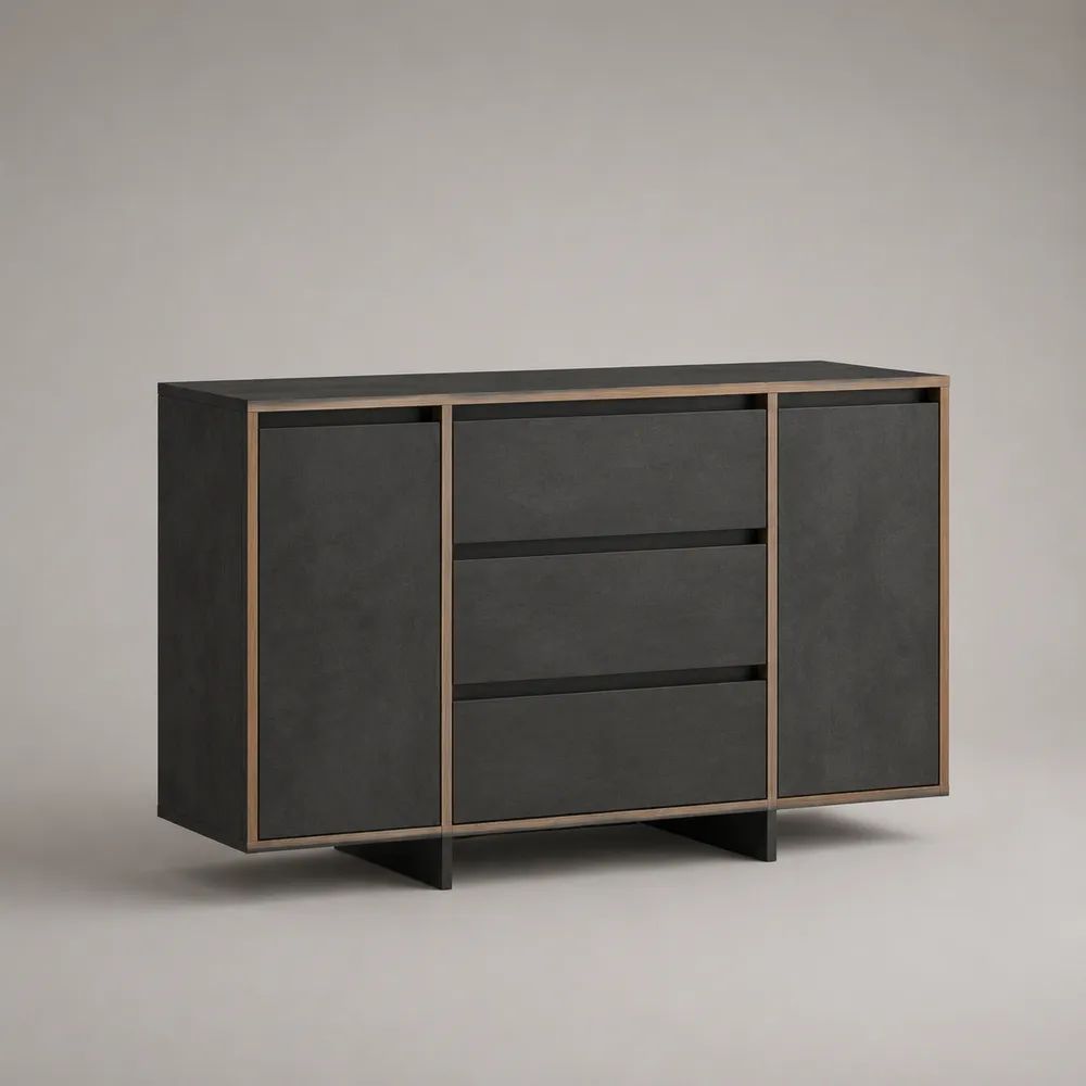 Buffet de rangement rectangulaire en bois anthracite et chêne naturel, 2 portes et 3 tiroirs, 140 × 40 × 85 cm