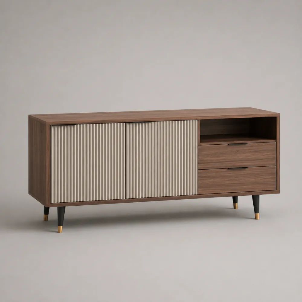Meuble TV rectangulaire en bois, MDF et métal, 2 portes coulissantes, 2 tiroirs et niche ouverte, noyer/champagne/noir/laiton, 160 × 40 × 75 cm