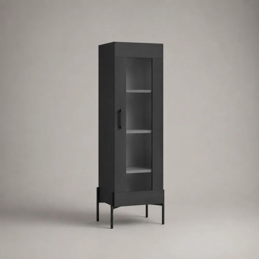 Vitrine haute à 1 porte en panneaux de particules, verre et métal noir, 60 x 40 x 180 cm