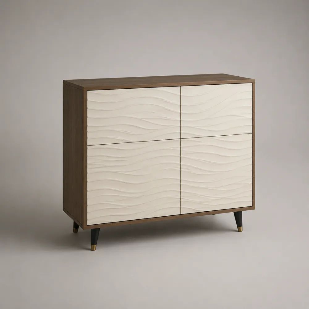 Buffet rectangulaire 4 portes en MDF blanc cassé et panneaux finition noyer, 110 × 40 × 100 cm