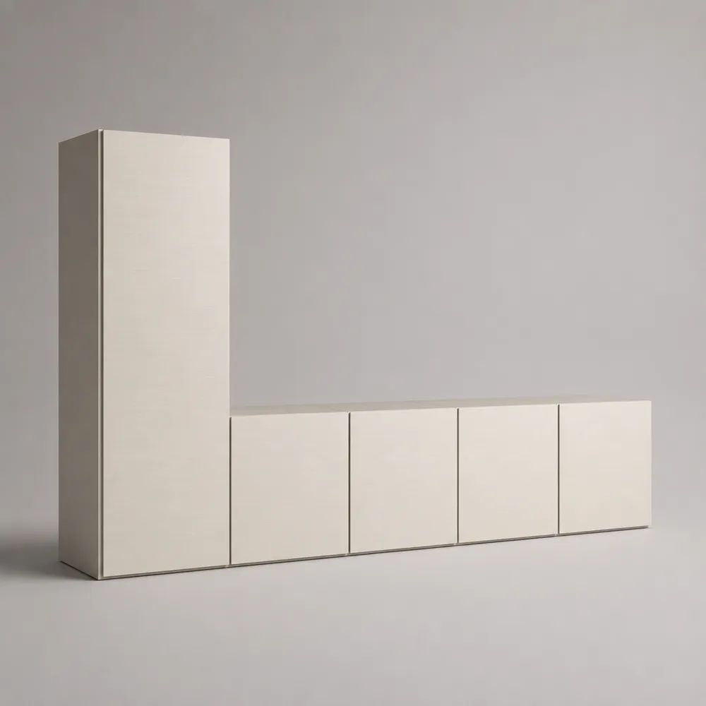 Ensemble meuble TV 2 pièces en bois blanc cassé mat avec colonne et meuble bas, 240 × 40 × 180 cm