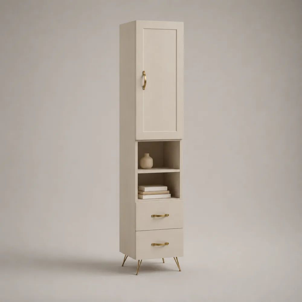 Colonne de rangement rectangulaire en panneaux MDF beige et métal coloris laiton, 1 porte, 2 tiroirs et 2 niches, 40 × 35 × 180 cm
