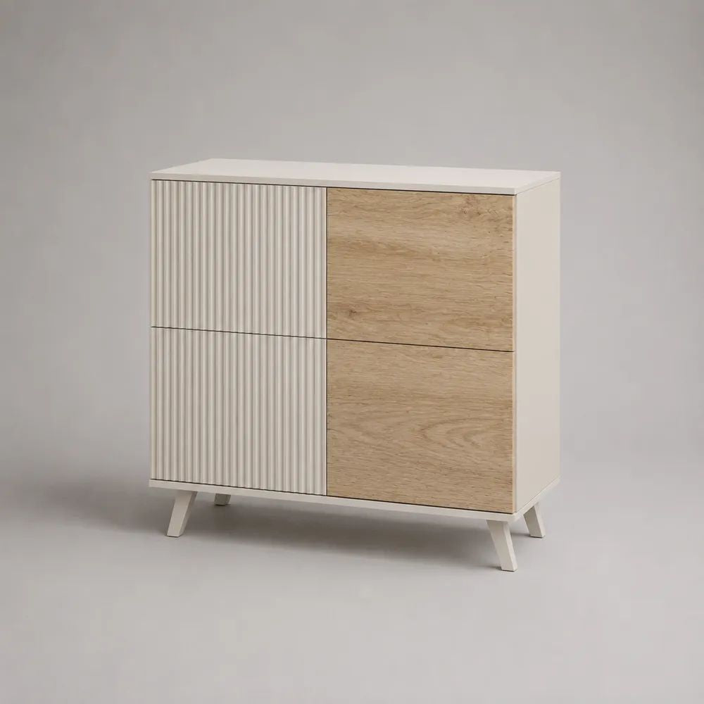 Buffet rectangulaire 4 portes en bois et métal blanc et chêne clair, 100 x 35 x 110 cm
