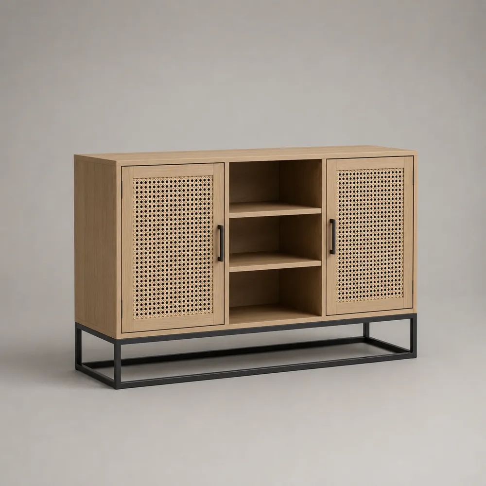 Buffet rectangulaire 2 portes en bois, cannage en rotin et métal, chêne naturel et noir, 120 × 40 × 85 cm