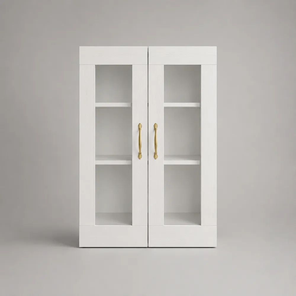 Lot de 2 vitrines vaisseliers en MDF et verre trempé, portes vitrées, blanc et doré, 50 × 40 × 180 cm chacune