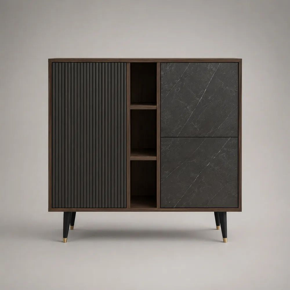 Buffet haut 3 portes en bois et métal, noyer foncé, noir et anthracite, 120 x 40 x 125 cm