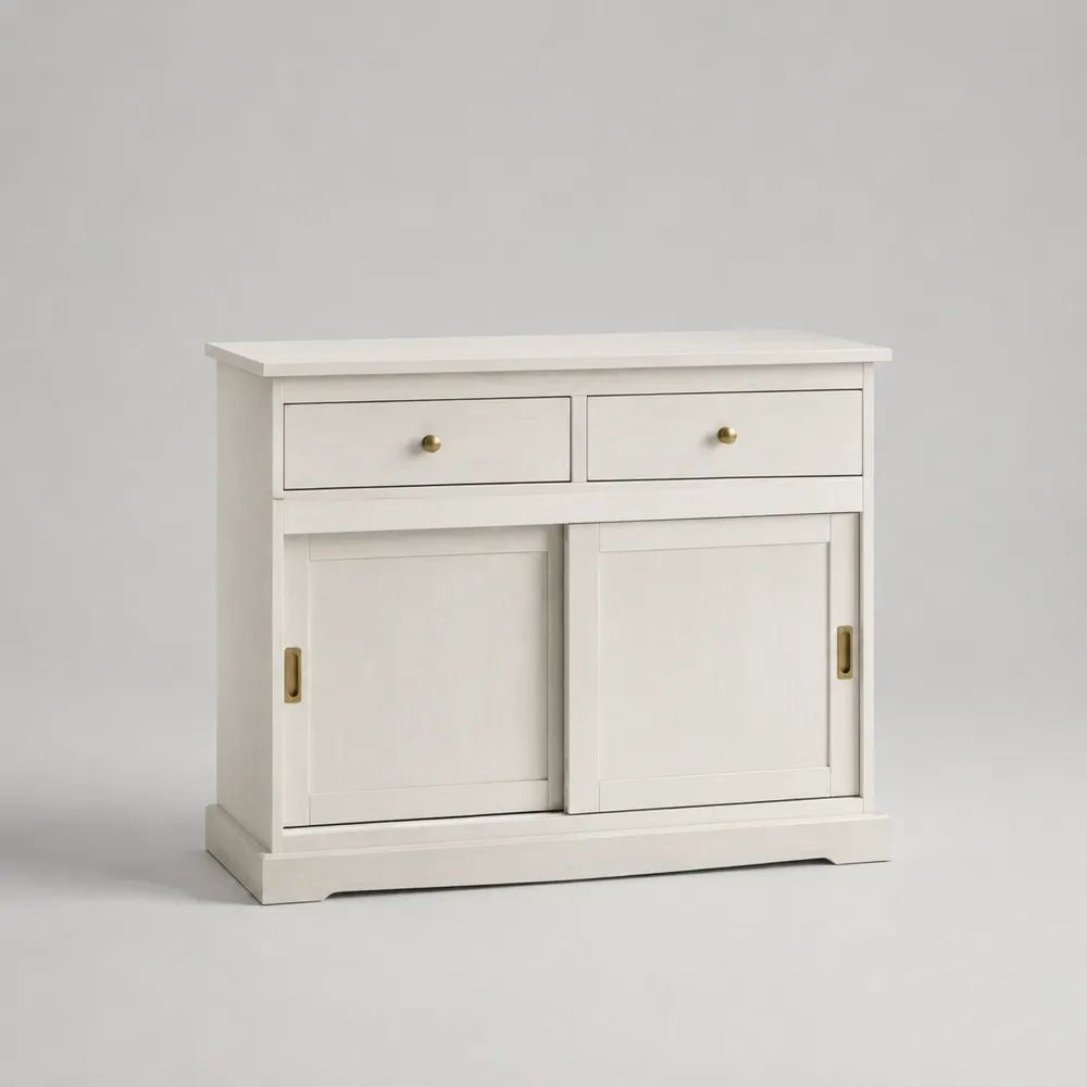 Buffet bas rectangulaire en MDF blanc avec 2 tiroirs et 2 portes coulissantes, 100 x 40 x 85 cm