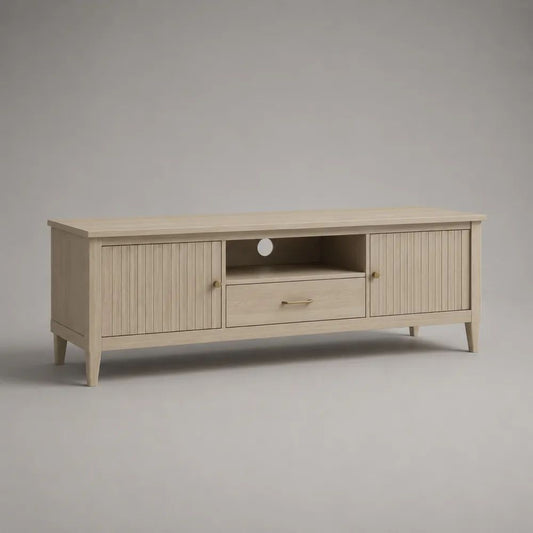 Meuble TV bas rectangulaire en bois et métal beige et doré, 160 × 40 × 60 cm