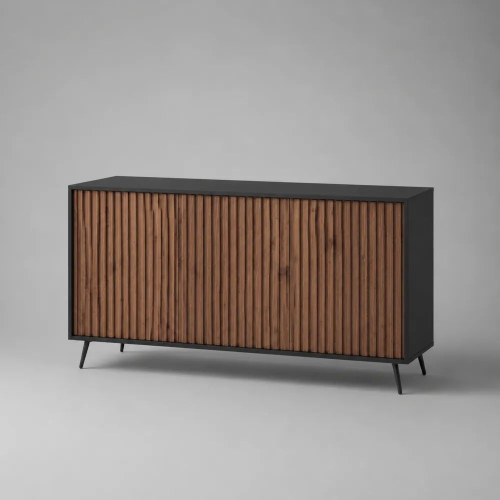 Buffet bas rectangulaire 3 portes en MDF plaqué noyer et acier, marron et noir, 160 x 40 x 75 cm