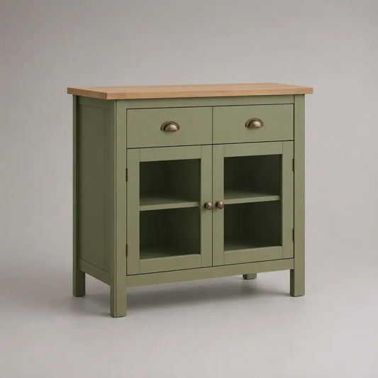 Buffet vaisselier rectangulaire en bois et verre, 2 portes vitrées et 2 tiroirs, vert sauge et effet chêne naturel, 80 × 35 × 80 cm