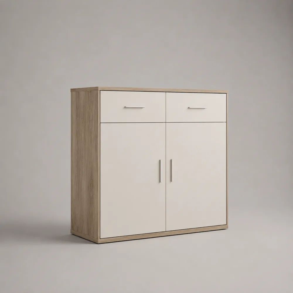Buffet de cuisine rectangulaire en panneaux de particules mélaminés, 2 portes et 2 tiroirs, chêne clair et blanc, 100 × 40 × 90 cm