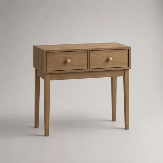 Console rectangulaire à 2 tiroirs en bois et métal, chêne naturel et laiton, 80 × 35 × 80 cm