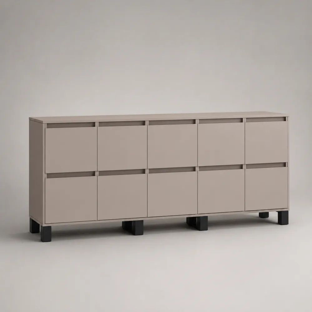 Buffet bas rectangulaire à 10 portes en bois et métal, taupe et noir, 200 × 40 × 85 cm