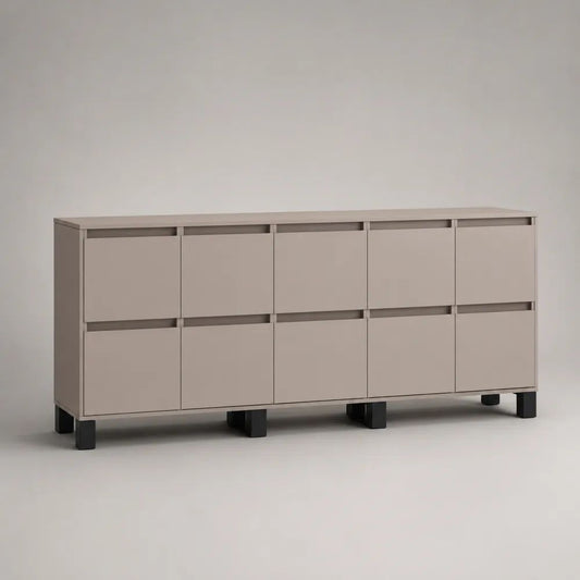 Buffet bas rectangulaire à 10 portes en bois et métal, taupe et noir, 200 × 40 × 85 cm