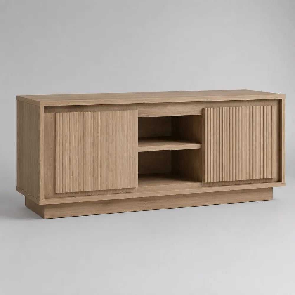Meuble TV rectangulaire en MDF plaqué chêne avec 2 portes coulissantes et 2 niches, 140 x 40 x 65 cm, chêne naturel