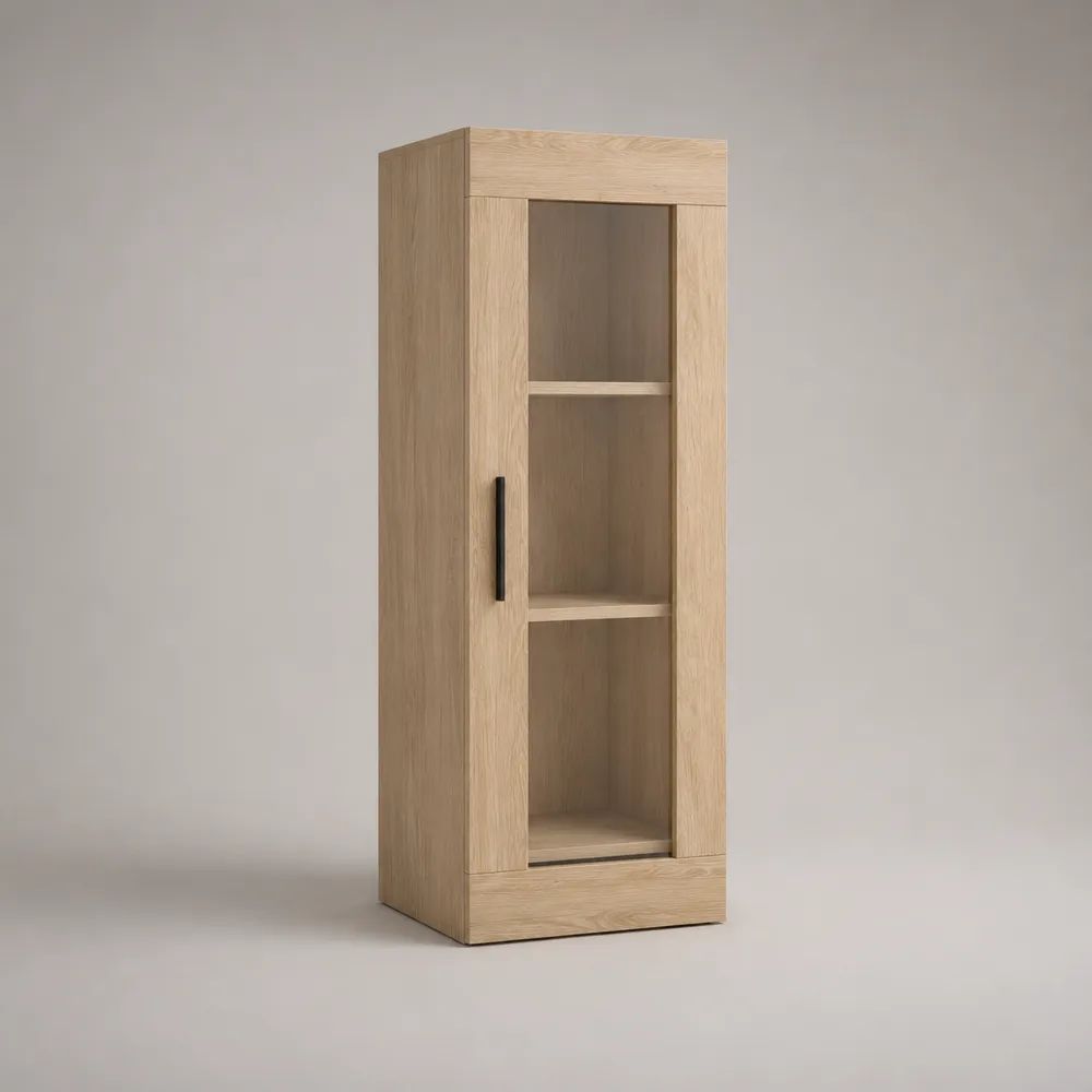 Vitrine en bois à 1 porte vitrée en verre, chêne clair, 60 × 40 × 180 cm