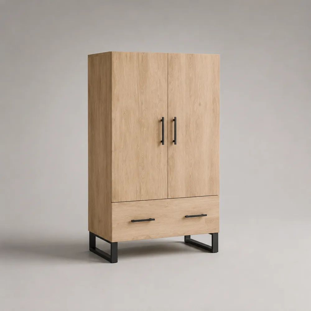 Buffet haut rectangulaire à 2 portes et 1 tiroir en panneaux de particules décor chêne clair et acier noir, 90 × 40 × 150 cm