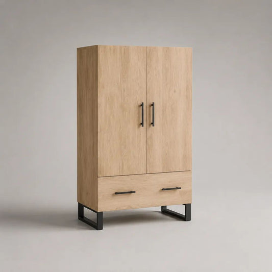 Buffet haut rectangulaire à 2 portes et 1 tiroir en panneaux de particules décor chêne clair et acier noir, 90 × 40 × 150 cm