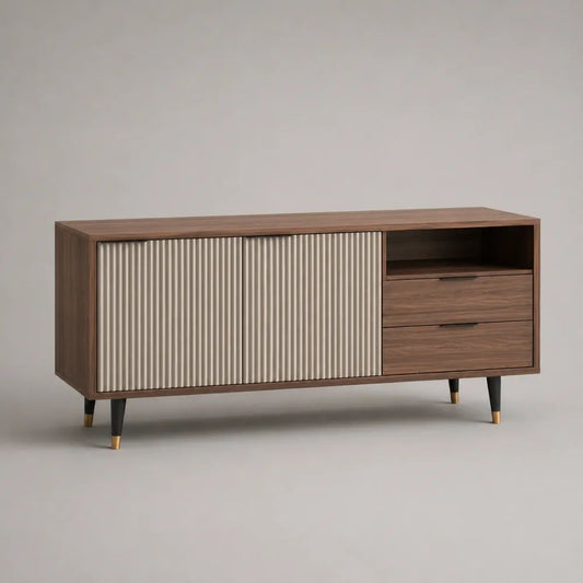 Meuble TV rectangulaire en bois, MDF et métal, 2 portes coulissantes, 2 tiroirs et niche ouverte, noyer/champagne/noir/laiton, 160 × 40 × 75 cm