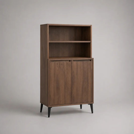 Vaisselier buffet haut rectangulaire en MDF et métal, 2 étagères et 2 portes, brun noyer et noir, 90 x 40 x 180 cm