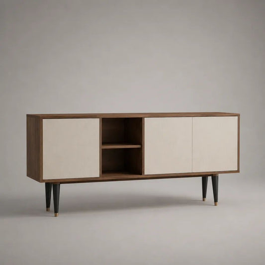 Buffet rectangulaire à 3 portes et 2 niches en bois et métal, marron noyer, beige, noir et doré, 160 x 40 x 75 cm