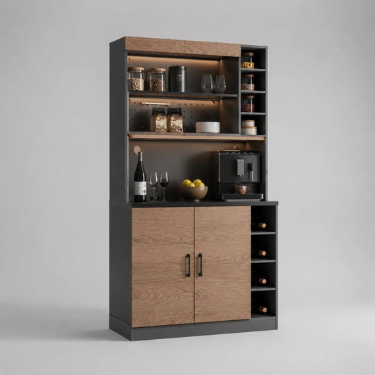 Buffet de cuisine avec vaisselier, éclairage LED et casier à bouteilles en panneaux de particules et métal, chêne naturel/anthracite, 100 × 40 × 180 cm
