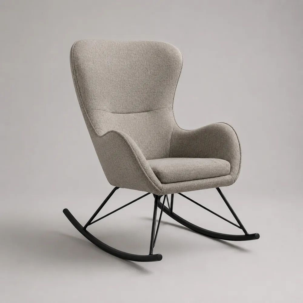 Fauteuil à bascule adulte rembourré en tissu bouclé gris clair avec piètement en acier noir, 71 × 89 × 97 cm