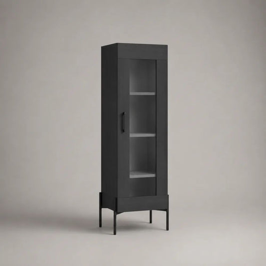 Vitrine haute à 1 porte en panneaux de particules, verre et métal noir, 60 x 40 x 180 cm
