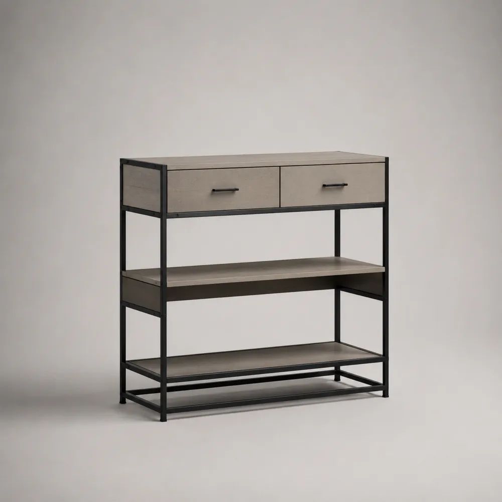 Console d’entrée rectangulaire en bois et métal avec 2 tiroirs et 2 étagères, 100 × 35 × 110 cm, gris taupe et noir