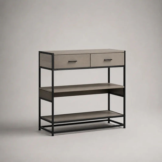 Console d’entrée rectangulaire en bois et métal avec 2 tiroirs et 2 étagères, 100 × 35 × 110 cm, gris taupe et noir