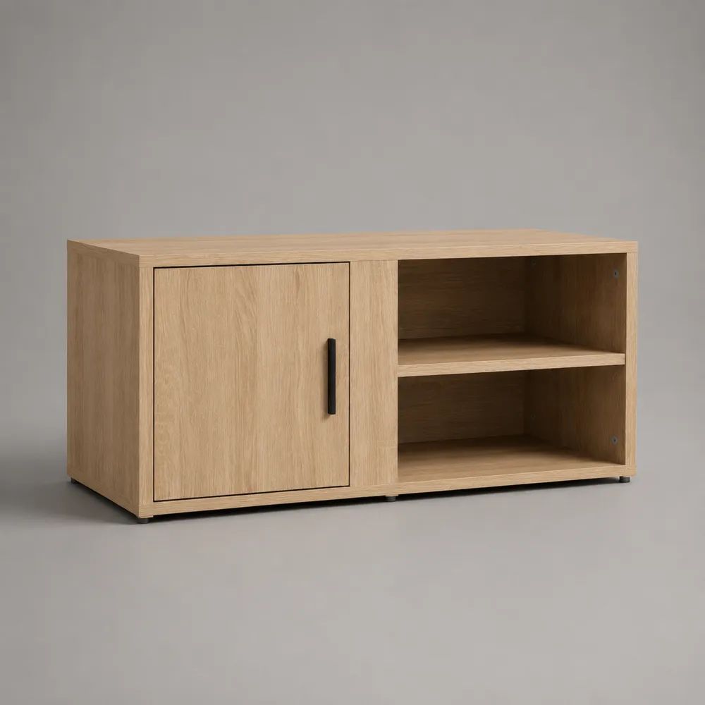 Meuble TV rectangulaire en bois avec 1 porte et 2 niches, chêne clair et noir, 120 × 40 × 60 cm