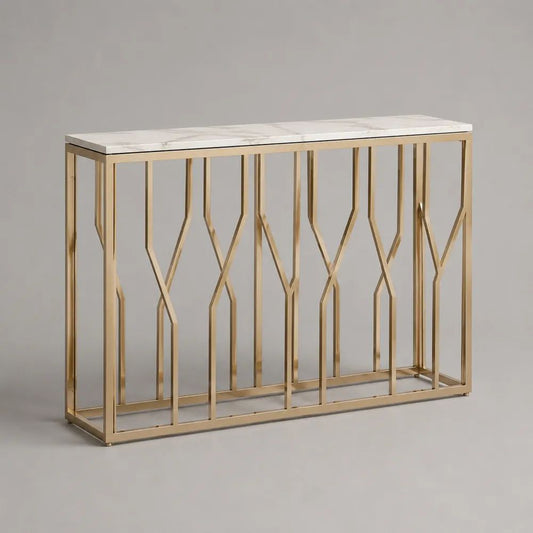 Console d’entrée rectangulaire en pierre frittée et acier inoxydable, blanc marbré et doré, 120 × 35 × 80 cm