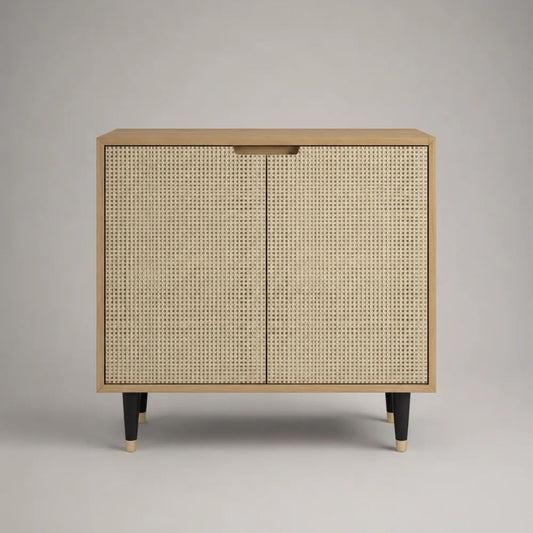 Buffet rectangulaire 2 portes en cannage de rotin et bois, 90 × 40 × 90 cm, chêne naturel, beige et noir