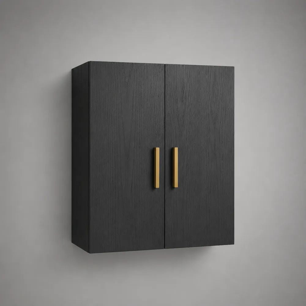 Buffet mural rectangulaire à 2 portes en panneaux de particules mélaminés effet chêne noir avec poignées dorées, 60 × 20 × 80 cm