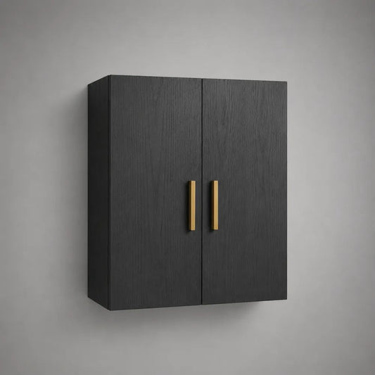 Buffet mural rectangulaire à 2 portes en panneaux de particules mélaminés effet chêne noir avec poignées dorées, 60 × 20 × 80 cm