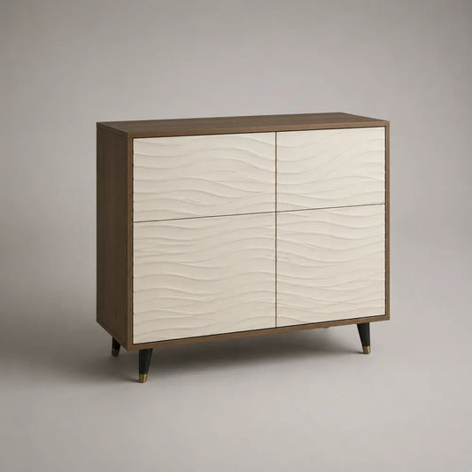 Buffet rectangulaire 4 portes en MDF blanc cassé et panneaux finition noyer, 110 × 40 × 100 cm