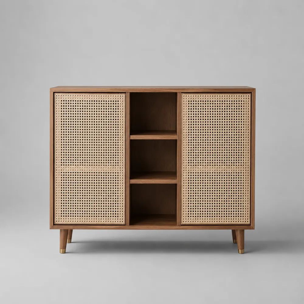 Buffet haut 2 portes en MDF plaqué frêne et cannage en rotin, brun noyer, 140 x 40 x 110 cm