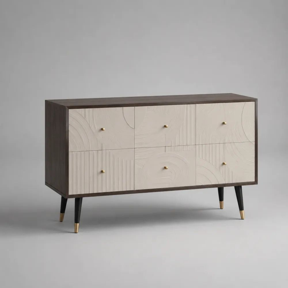 Buffet rectangulaire à 6 tiroirs en MDF et acier, brun foncé, beige, noir et doré, 140 x 40 x 85 cm