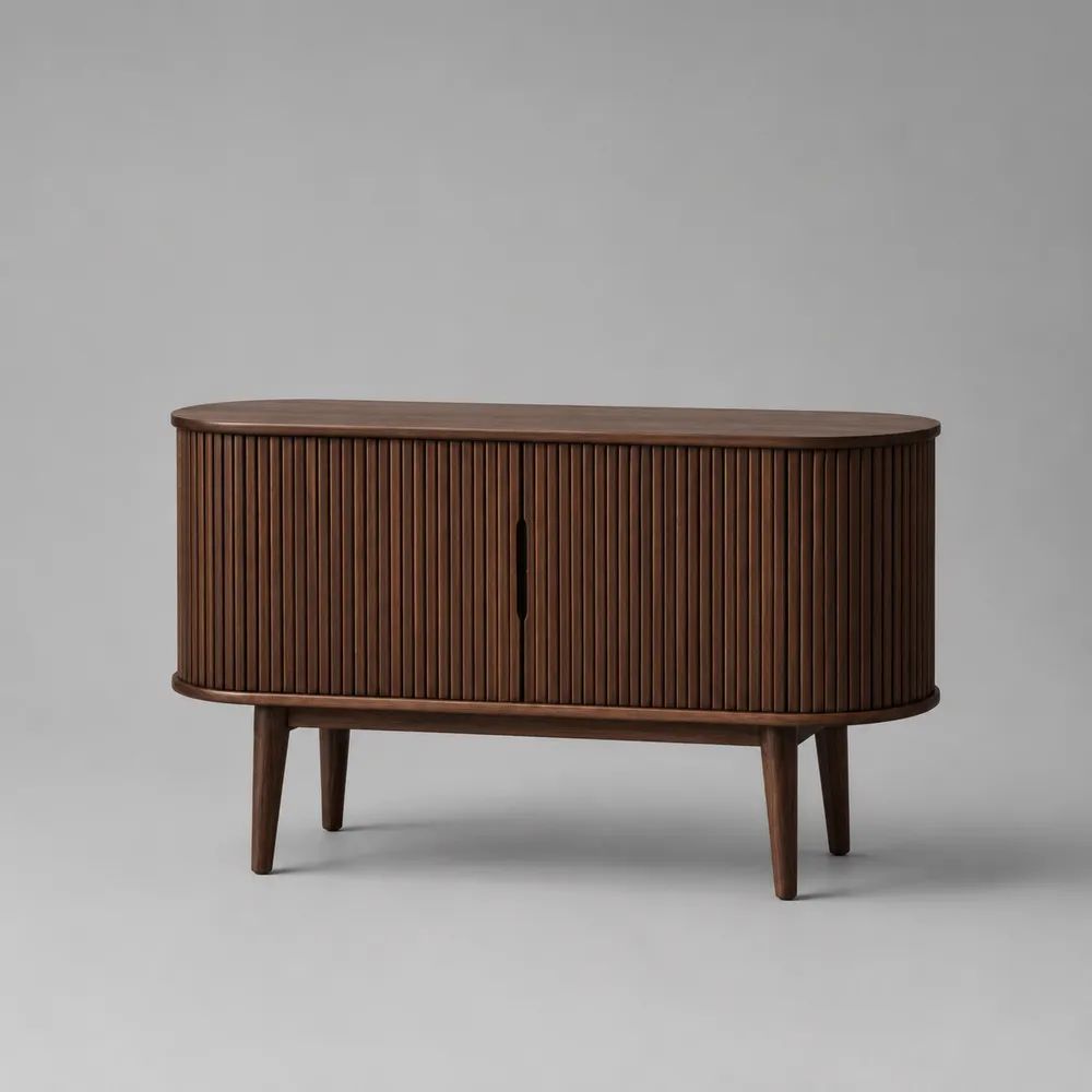 Buffet 2 portes en MDF plaqué noyer et bois massif, marron noyer et noir, 120 × 40 × 80 cm