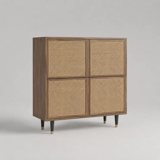 Buffet haut à 4 portes en bois et cannage, marron, beige, noir et laiton, 100 × 40 × 120 cm