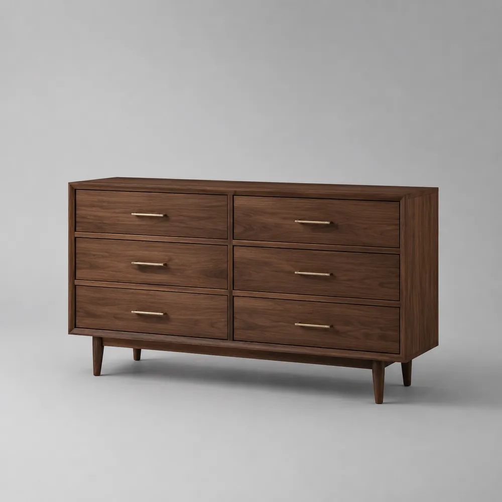 Buffet bas rectangulaire à 6 tiroirs en MDF plaqué noyer marron et métal doré, 140 × 45 × 80 cm