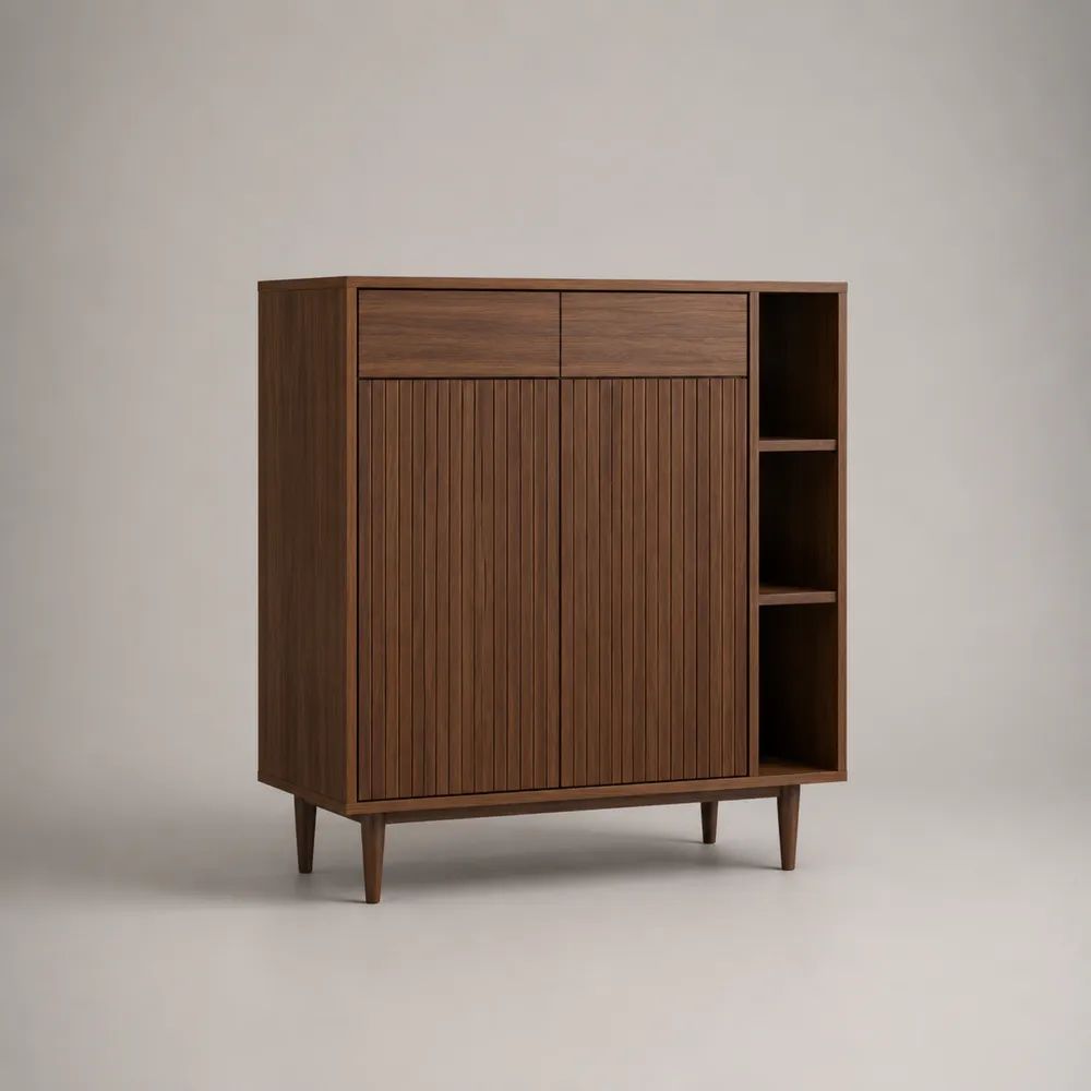 Buffet haut rectangulaire en bois brun noyer avec 2 portes, 2 tiroirs et 3 niches, 120 × 40 × 130 cm