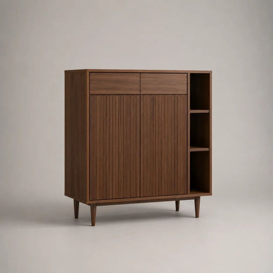 Buffet haut rectangulaire en bois brun noyer avec 2 portes, 2 tiroirs et 3 niches, 120 × 40 × 130 cm