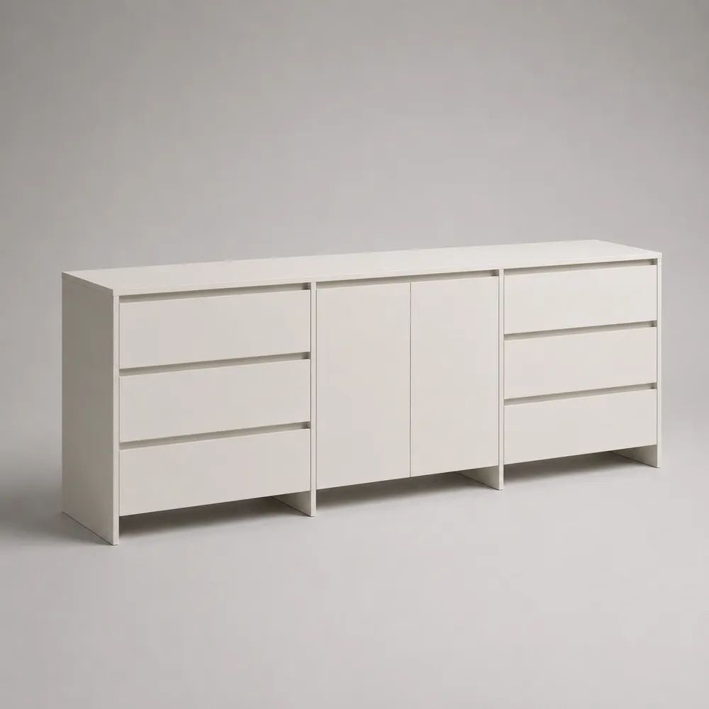 Buffet de rangement blanc en panneaux de particules, 180 × 40 × 75 cm, 6 tiroirs et 2 portes