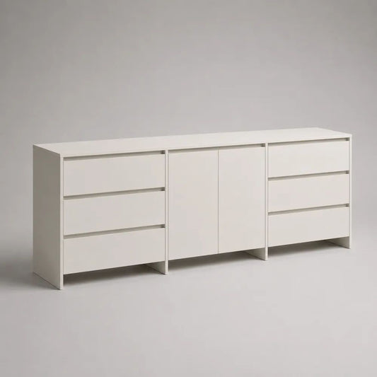 Buffet de rangement blanc en panneaux de particules, 180 × 40 × 75 cm, 6 tiroirs et 2 portes