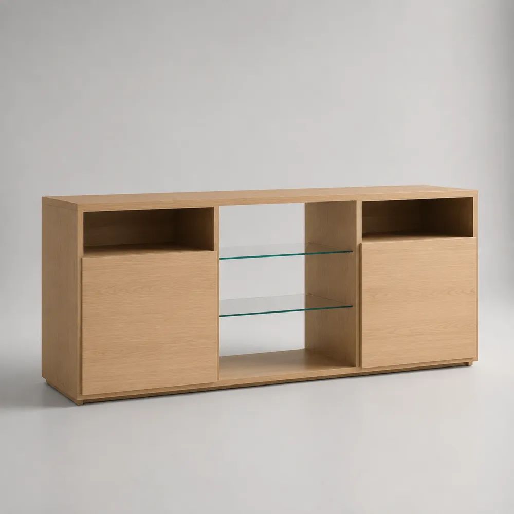 Meuble TV rectangulaire en panneaux mélaminés et verre trempé, chêne naturel et transparent, 180 × 40 × 80 cm