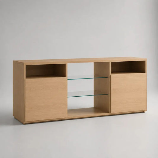 Meuble TV rectangulaire en panneaux mélaminés et verre trempé, chêne naturel et transparent, 180 × 40 × 80 cm