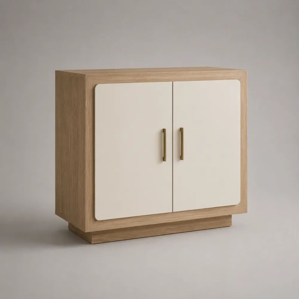 Buffet bas rectangulaire à 2 portes en panneaux mélaminés, chêne clair et blanc cassé, 100 × 40 × 90 cm